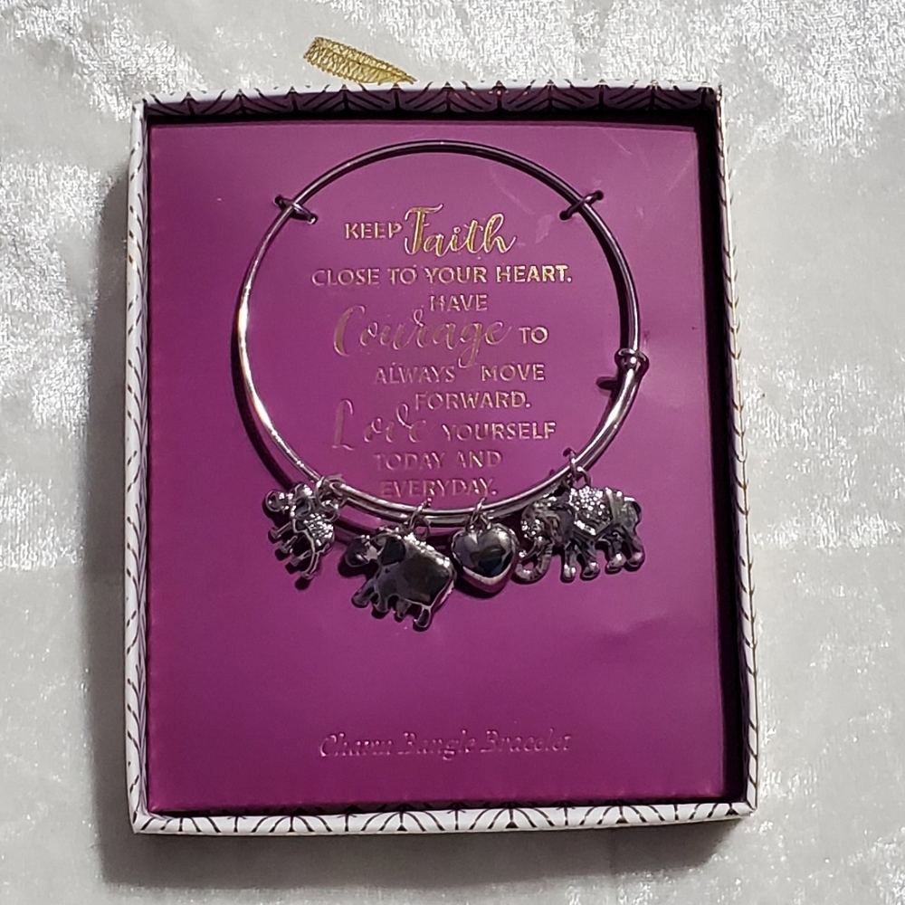 Silver Tone Bangle With Elephant Charms